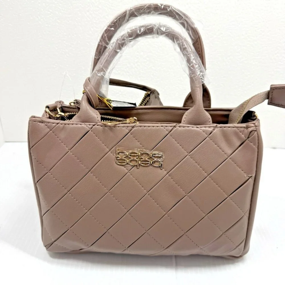 Bebe Everett Small Satchel Taupe Quilted Crossbody Handbag Purse NWT Wome